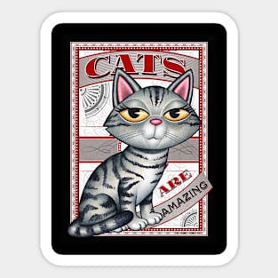 Gray Tabby kitty on cute red and black Cats are Amazing Sticker